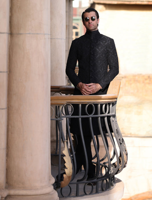 BLACK SELF EMBROIDERED SHERWANI