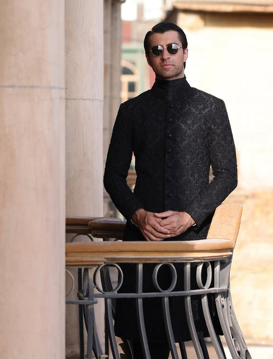 BLACK SELF EMBROIDERED SHERWANI