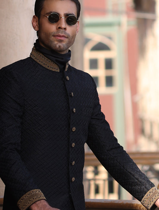 BLACK CROSSLINE EMBROIDERED SHERWANI