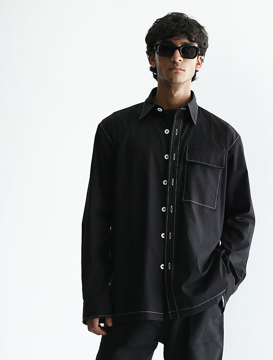 BLACK PICK STITCHED LOOSE FIT COTTON SHIRT