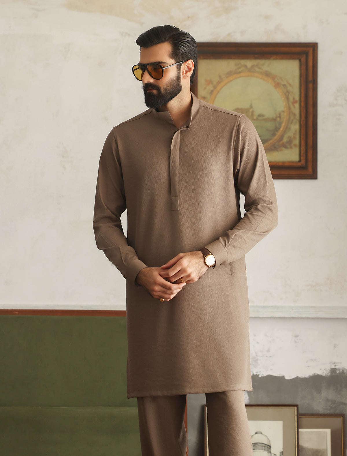 TAUPE-CRINKLED KURTA PAJAMA