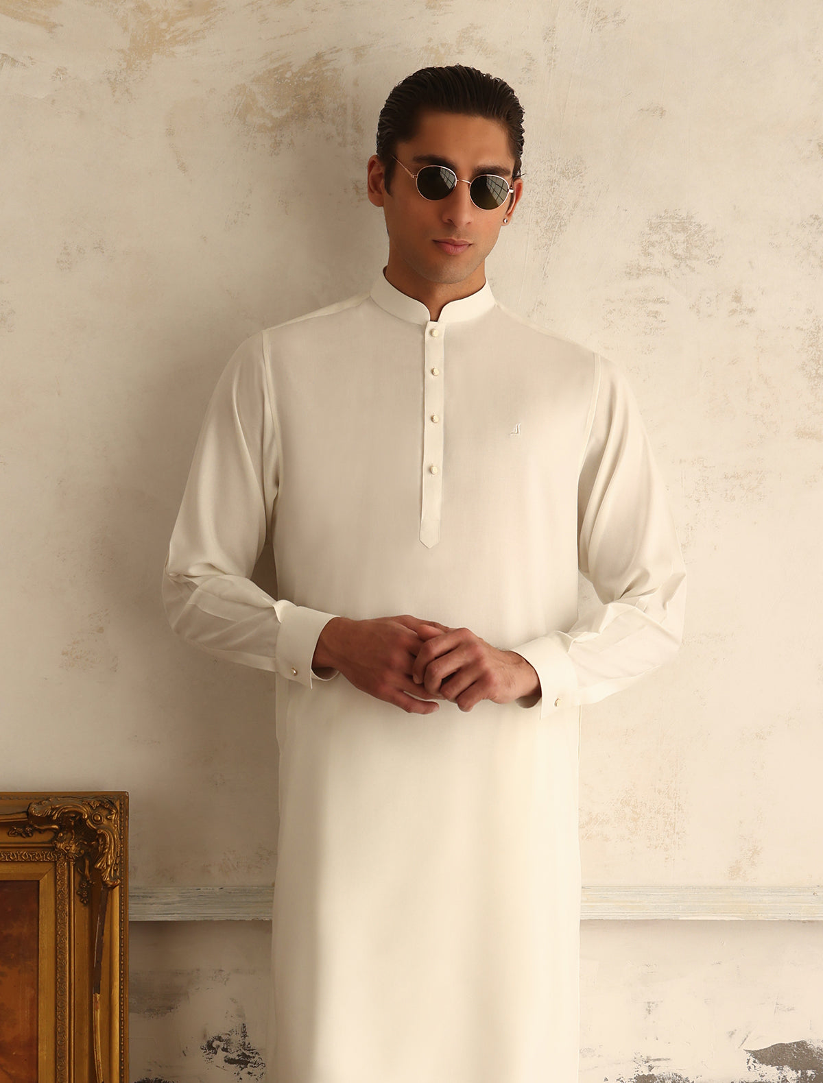 CREAM OXFORD LOGO EMBELLISHED KAMEEZ SHALWAR