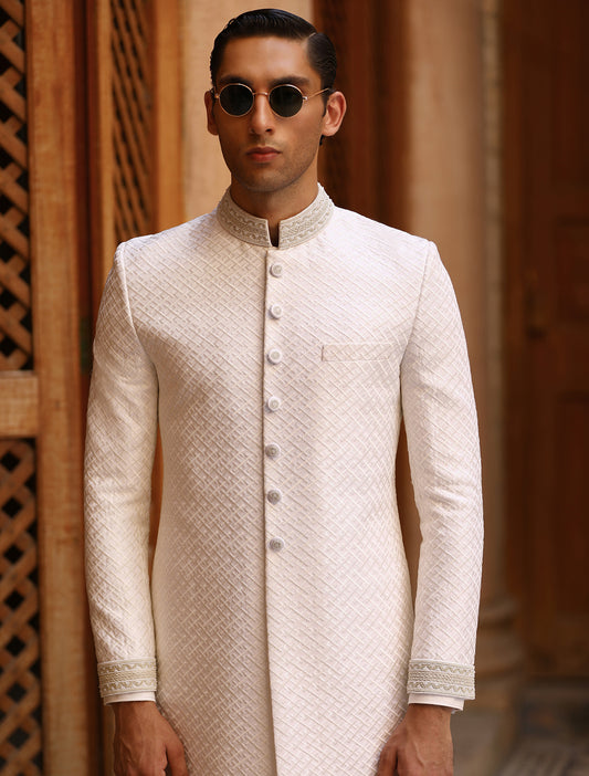 WHITE CROSSLINE EMBROIDERED SHERWANI