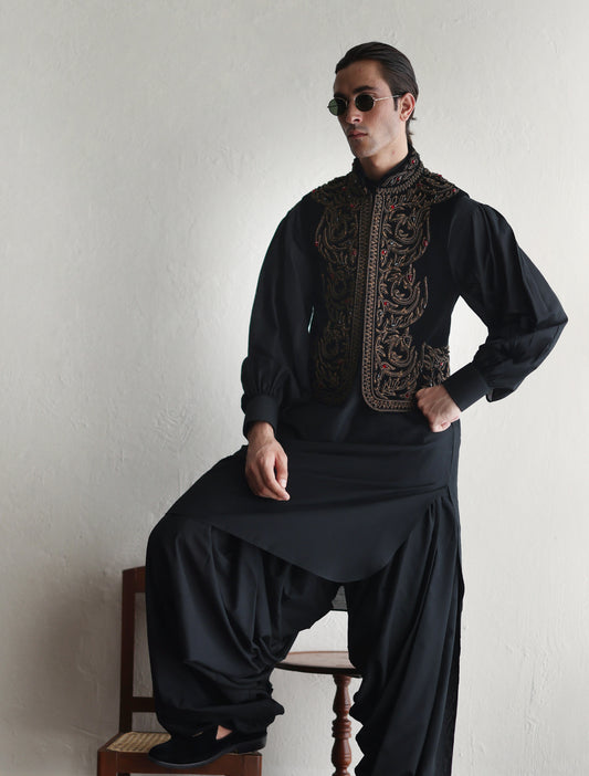 BLACK VELVET EMBROIDERED WAISTCOAT