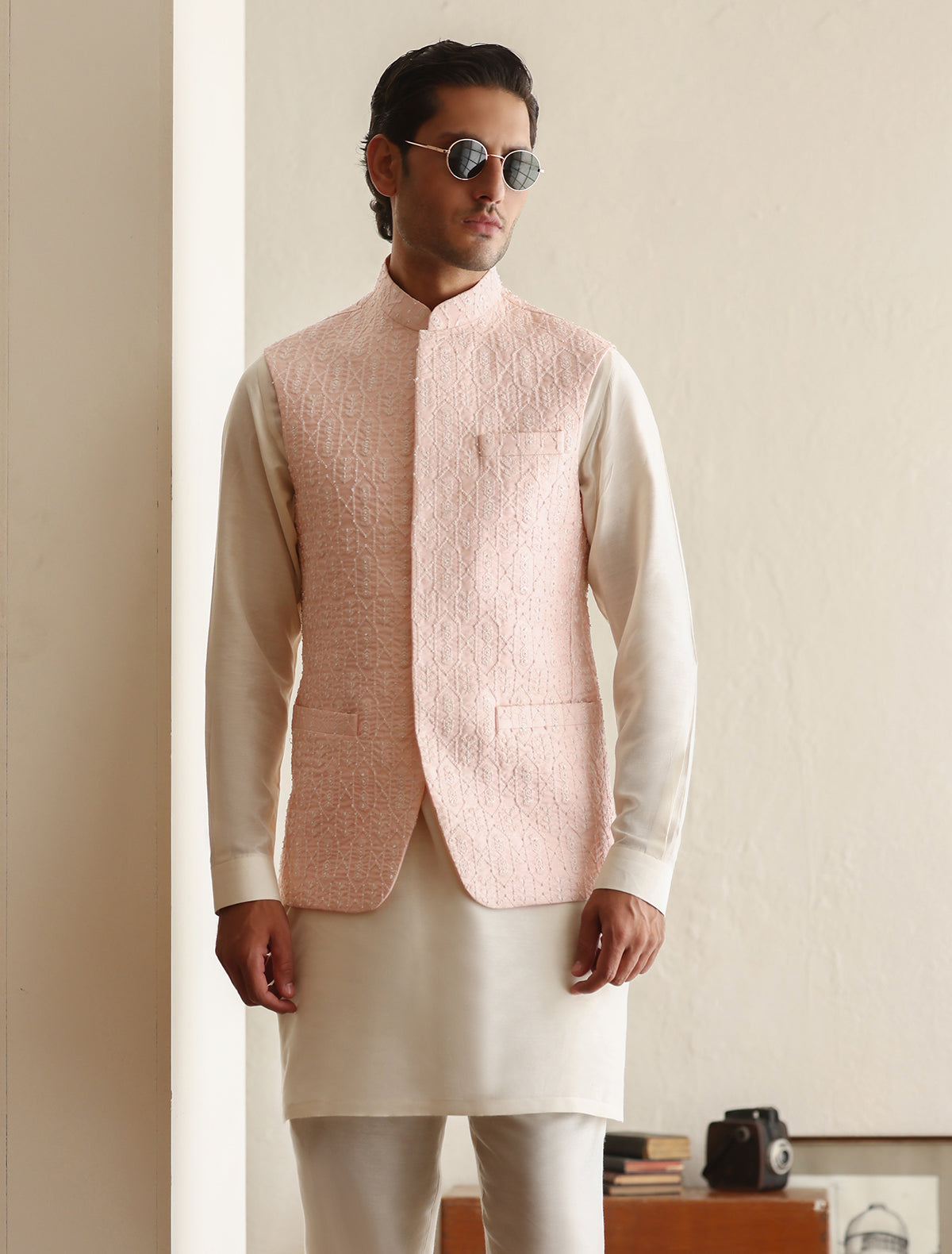 Powder pink embroidered waistcoat with heavy embellishment