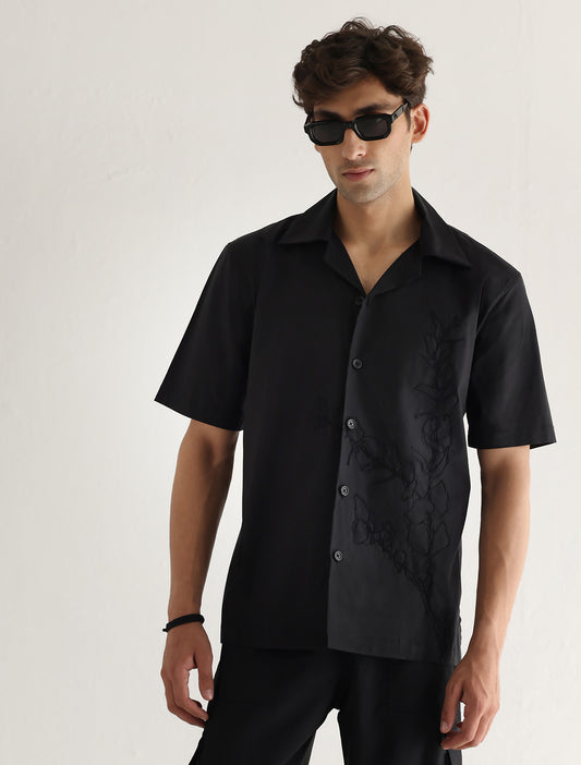 BLACK SELF-EMBROIDERED HALF SLEEVE SHIRT