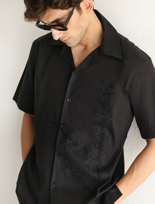 BLACK SELF-EMBROIDERED HALF SLEEVE SHIRT