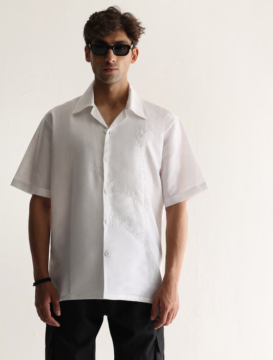 OFF-WHITE SELF EMBROIDERED HALF SLEEVE SHIRT