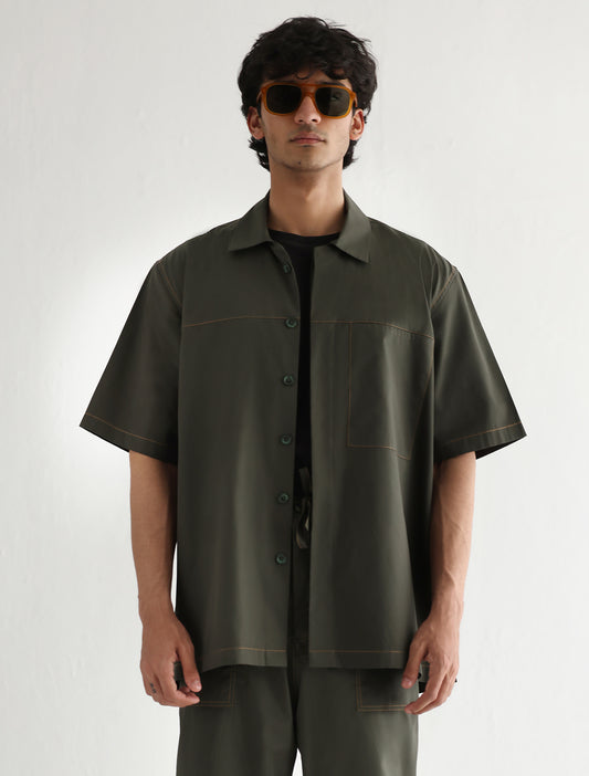 DARK GREEN LOOSE FIT COTTON SHIRT