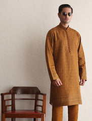 Mustard embroidered kurta with border on sleeves and daman