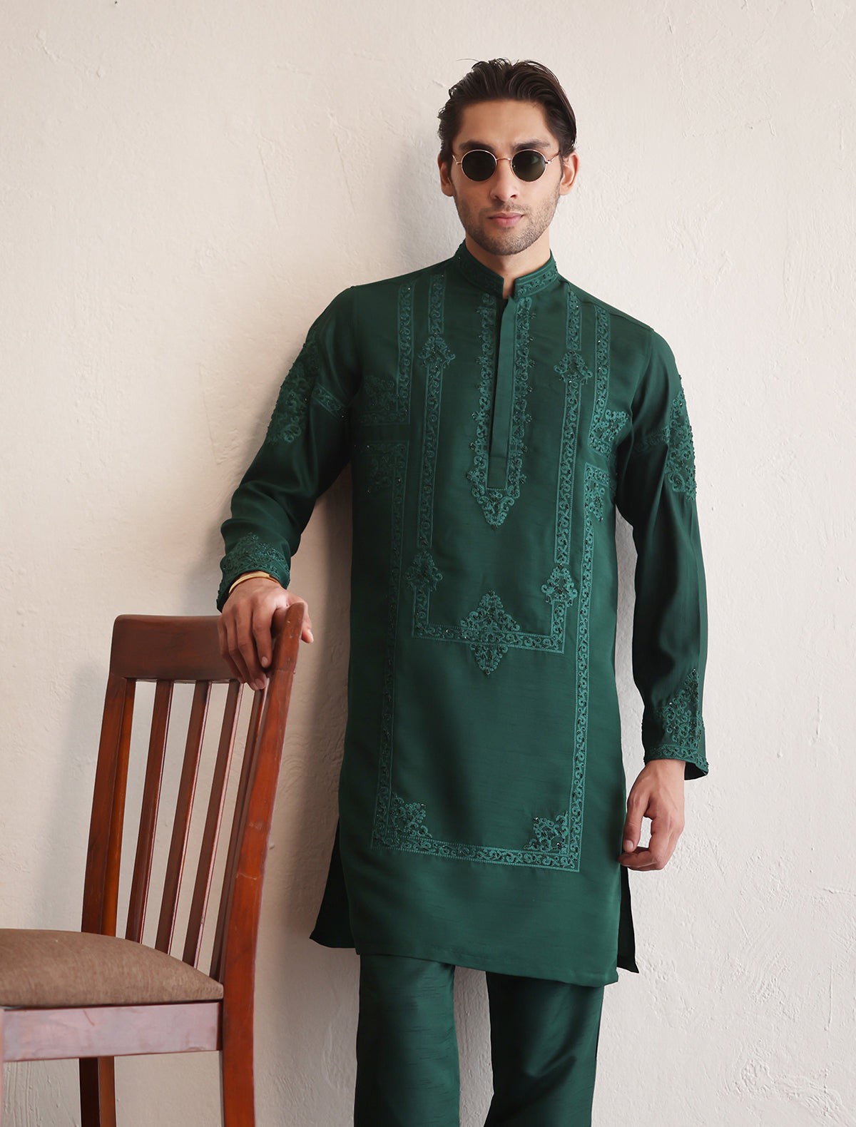 Emerald green embroidered kurta with heavy embellishment