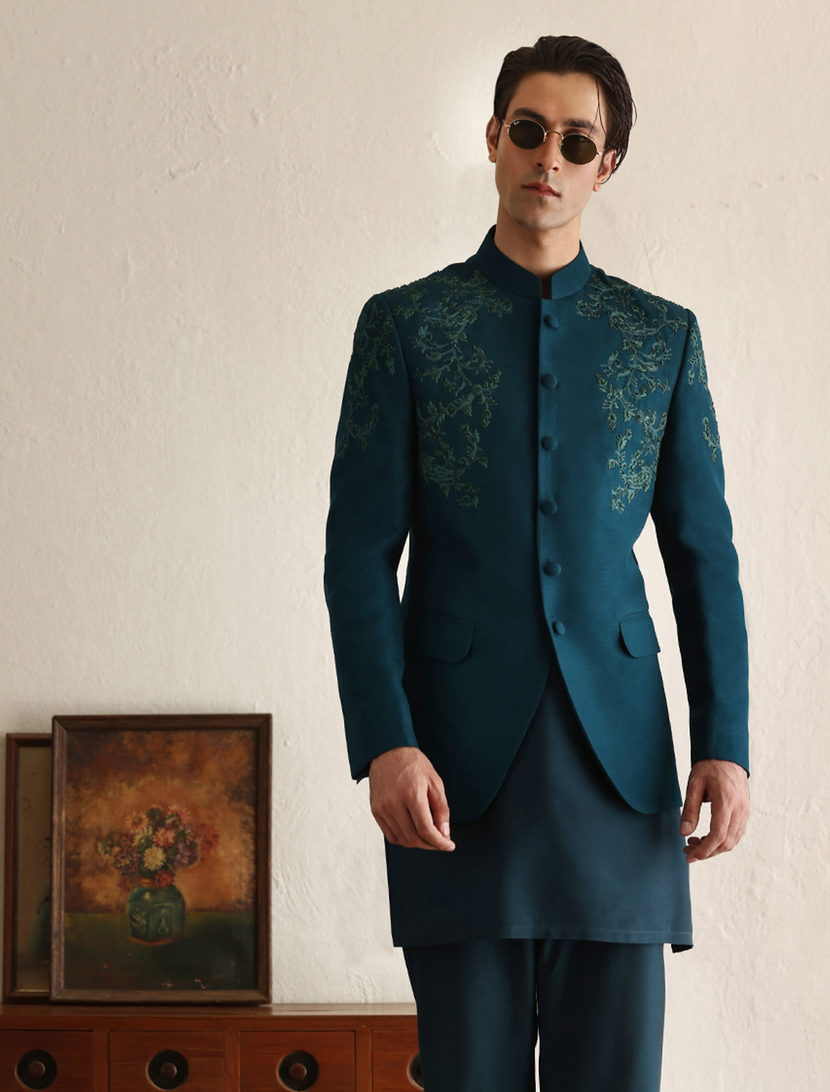 Dark teal intricately hand embroidered prince coat