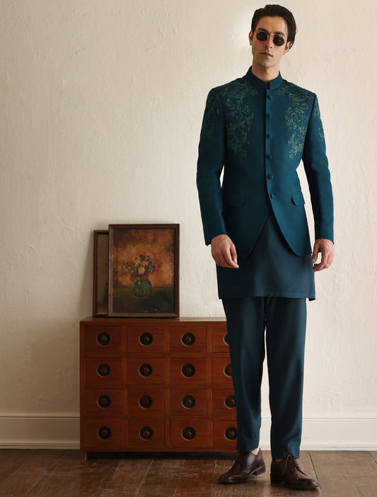 Dark teal intricately hand embroidered prince coat