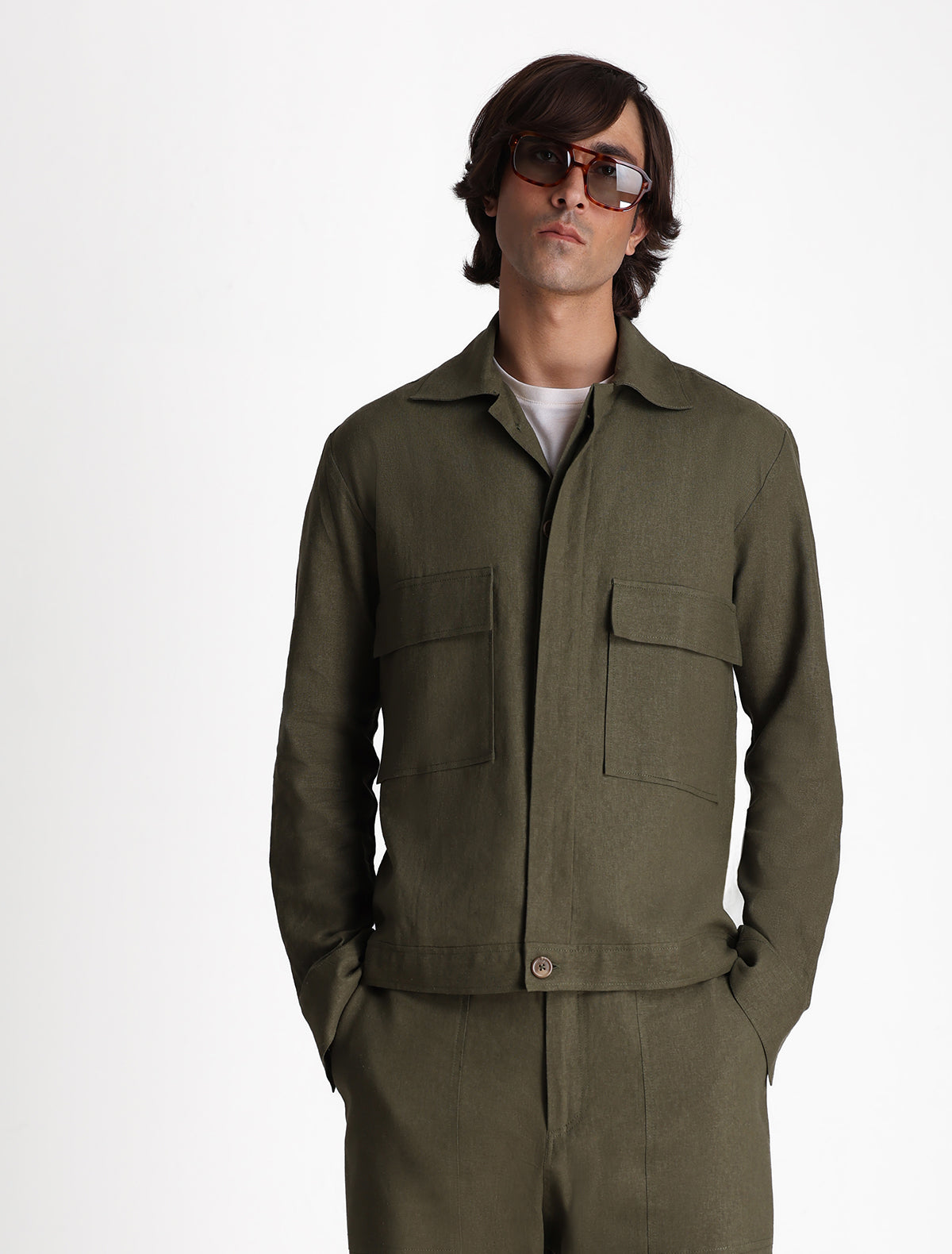 DARK OLIVE LINEN OVERSHIRT