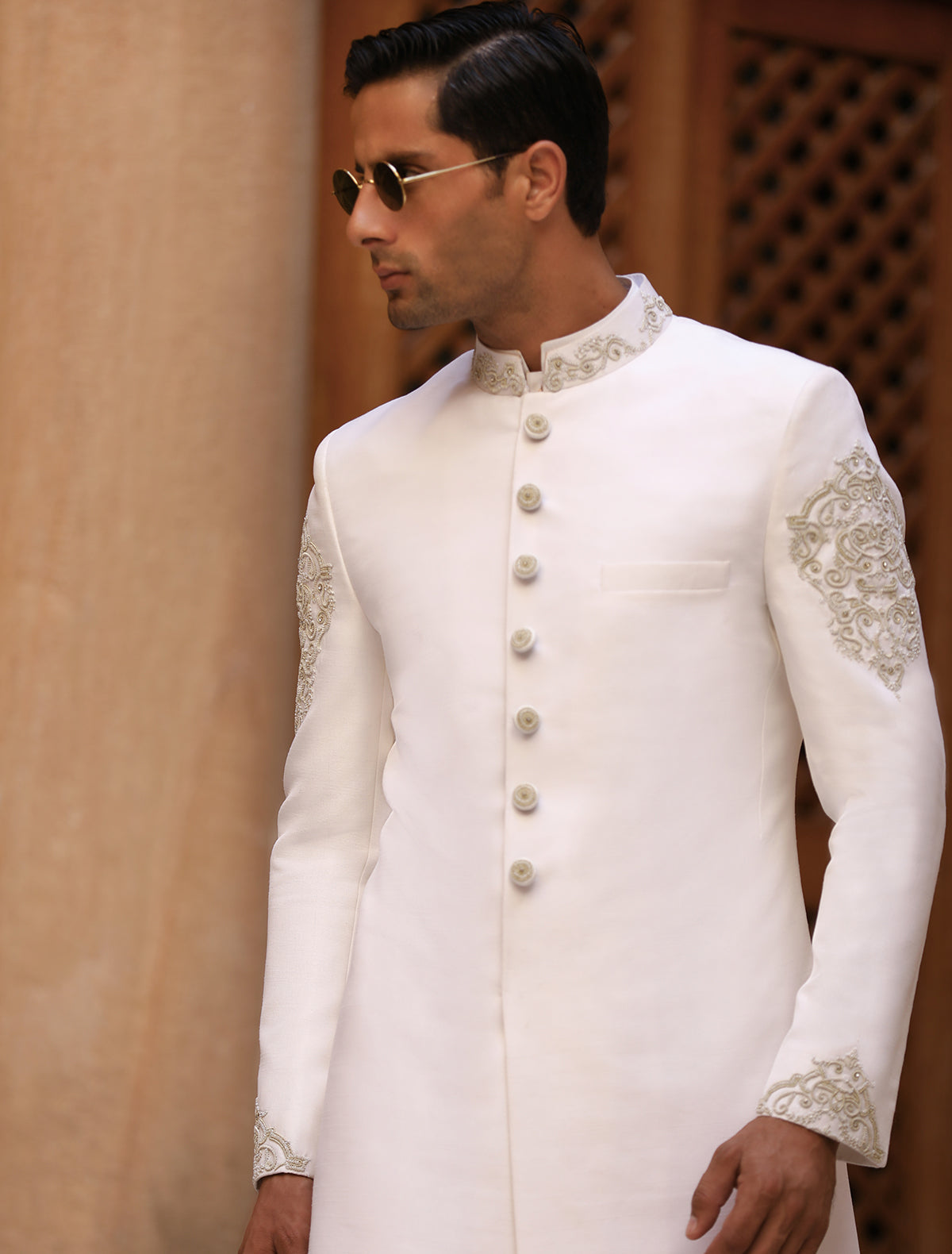 OFF-WHITE HAND EMBROIDERED SHERWANI