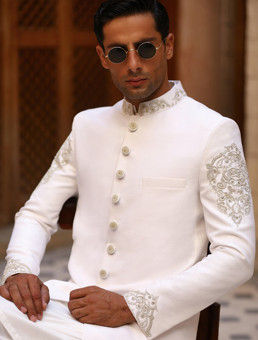 OFF-WHITE HAND EMBROIDERED SHERWANI