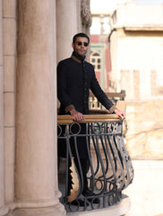 BLACK CROSSLINE EMBROIDERED SHERWANI