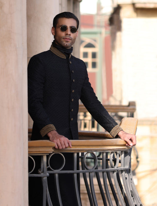 BLACK CROSSLINE EMBROIDERED SHERWANI