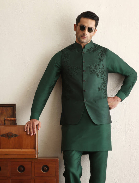 Emerald green intricately hand embroidered waistcoat