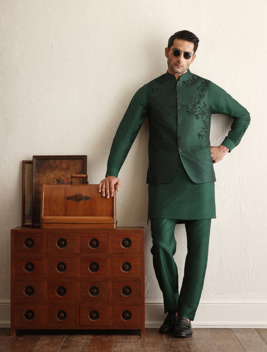 Emerald green intricately hand embroidered waistcoat