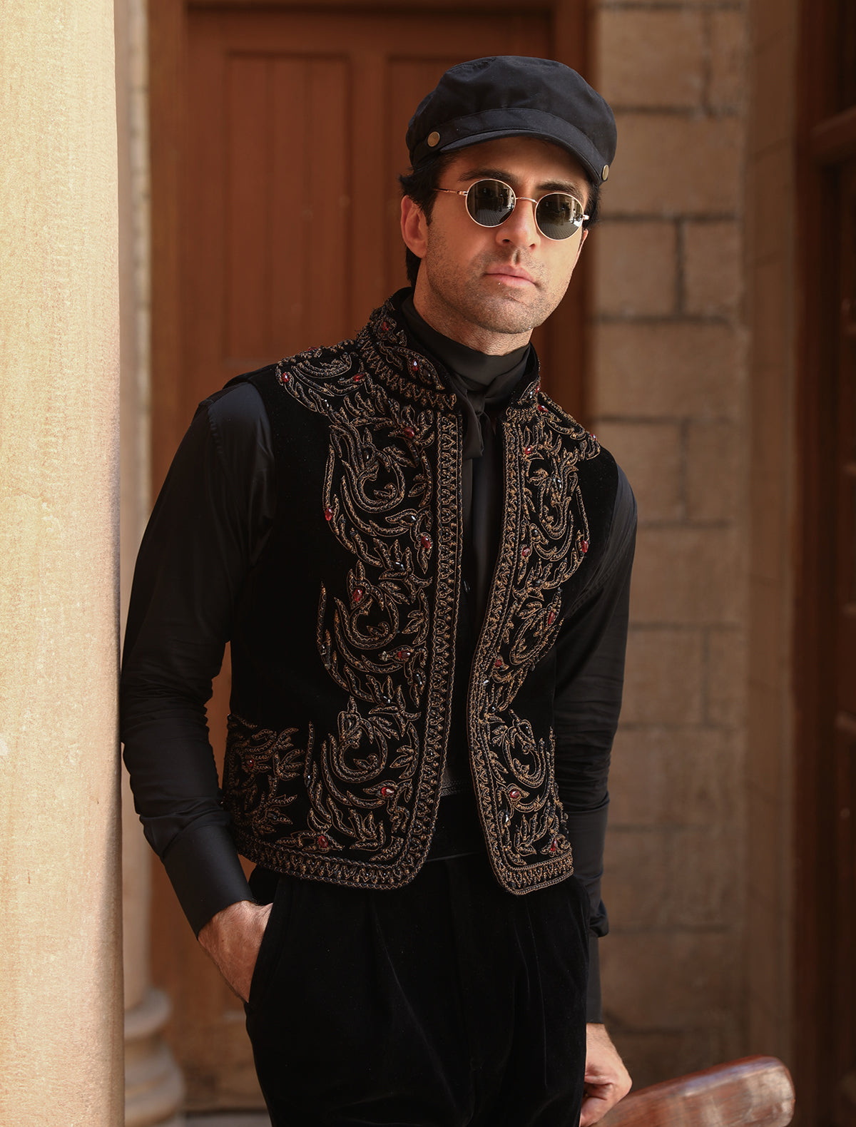 BLACK VELVET EMBROIDERED WAISTCOAT