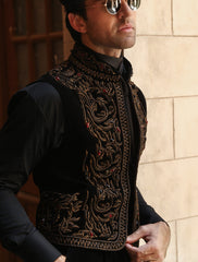 BLACK VELVET EMBROIDERED WAISTCOAT