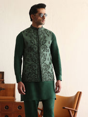 Medium green intricately hand embroidered waistcoat