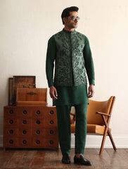 Medium green intricately hand embroidered waistcoat