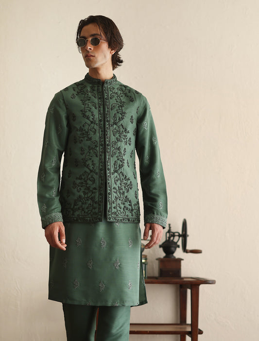 Medium green intricately hand embroidered waistcoat