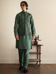 Medium green intricately hand embroidered waistcoat