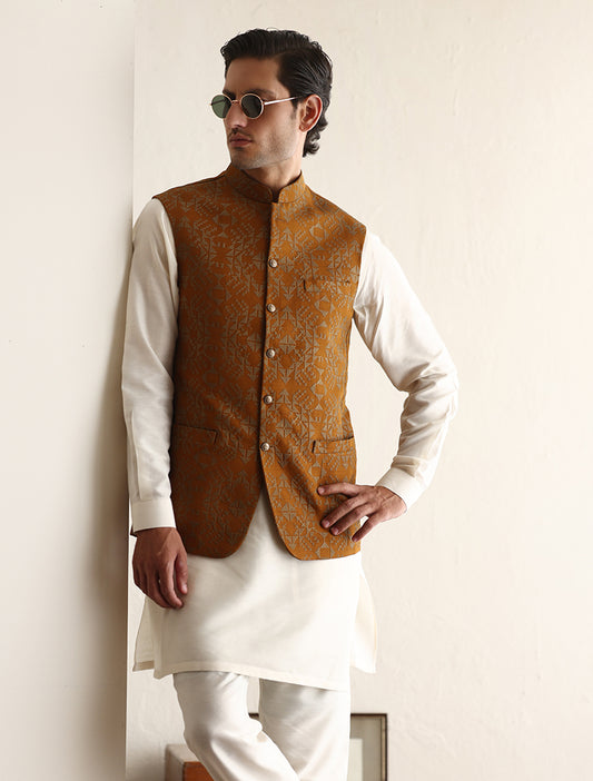 Mustard cross stitch embroidered waistcoat