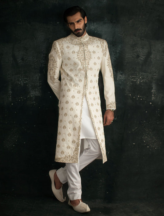 OFF WHITE RAW SILK EMBROIDERED SHERWANI