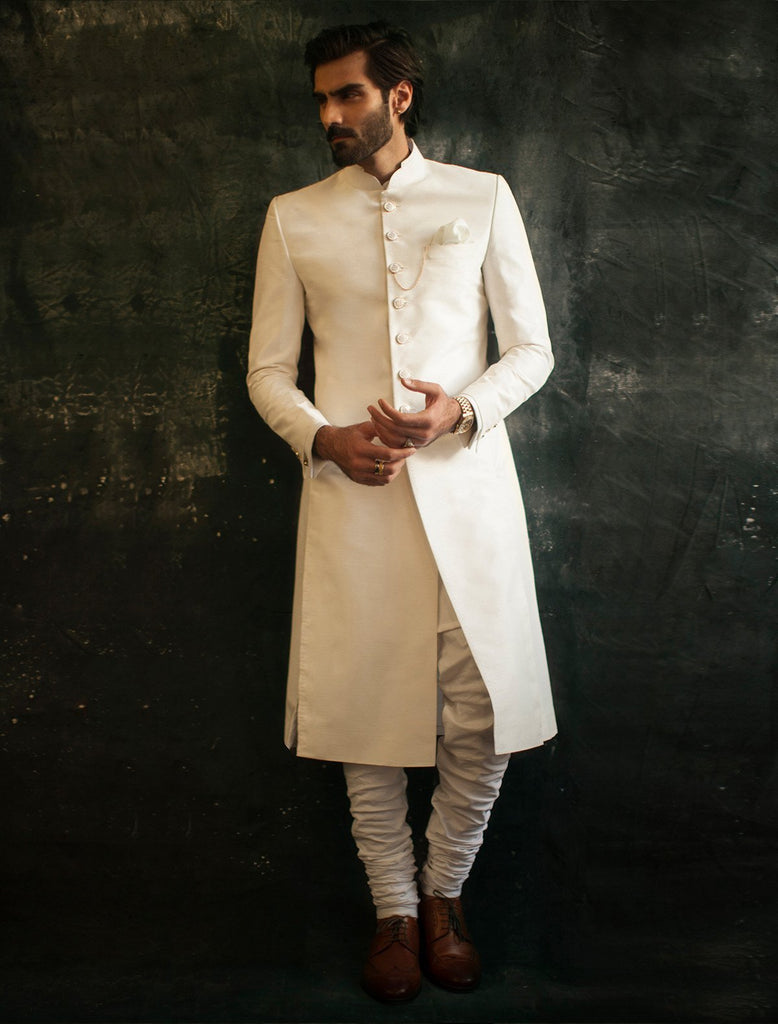 CLASSIC OFF WHITE RAW SILK SHERWANI – Ismail Farid Pakistan