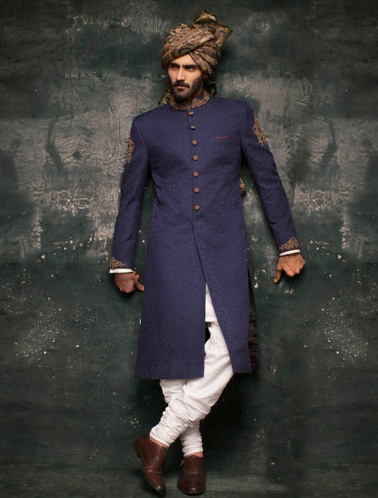 ROYAL BLUE KARANDI JAMAWAR SHERWANI