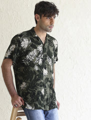 DARK GREEN TROPICAL LEAF PRINT SHIRT