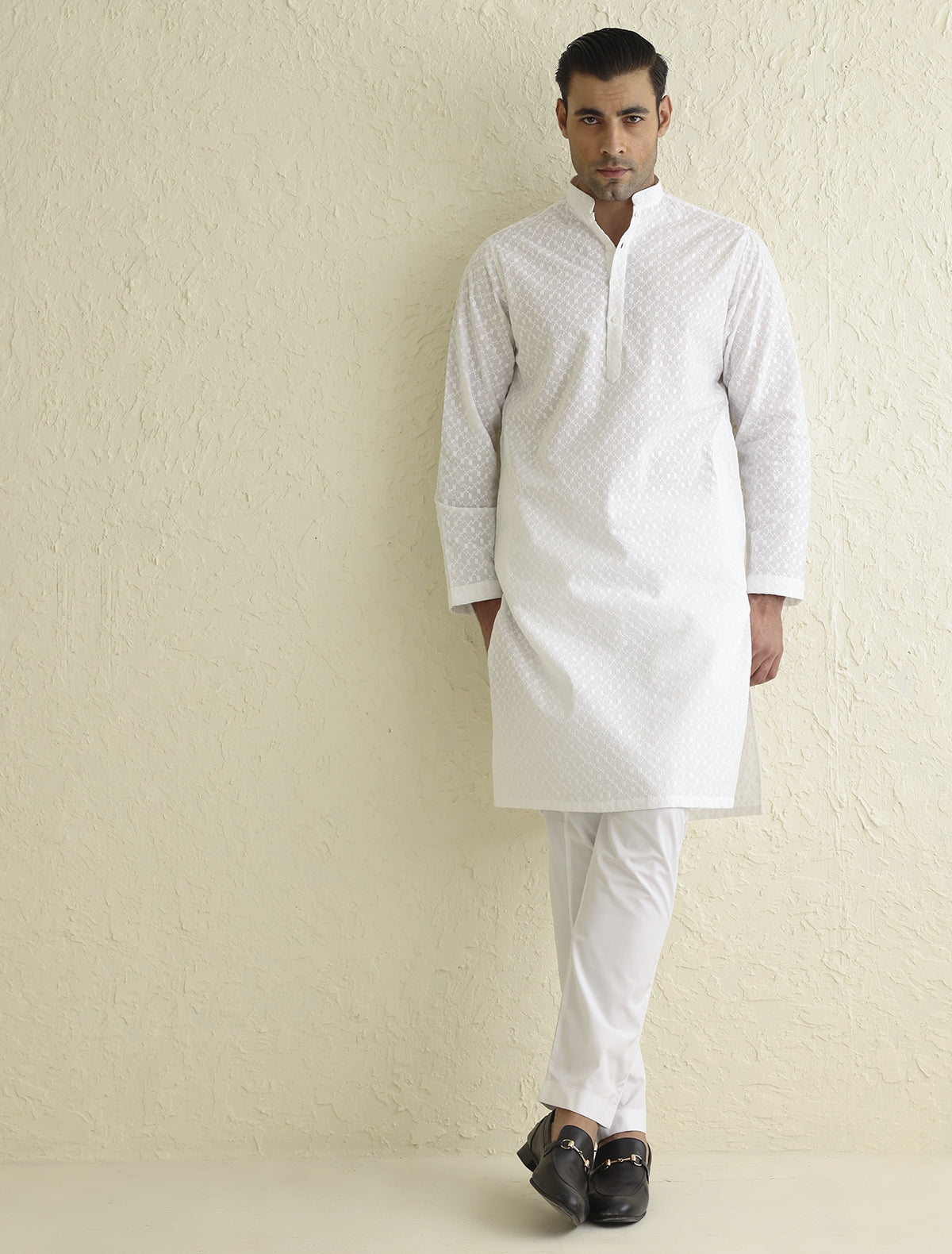 WHITE SELF EMBROIDERED KURTA-S