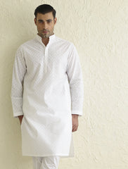 WHITE SELF EMBROIDERED KURTA-S