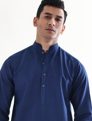 BLUE SELF DESIGN KURTA WITH ISMAIL FARID SIGNATURE RED DETAILS