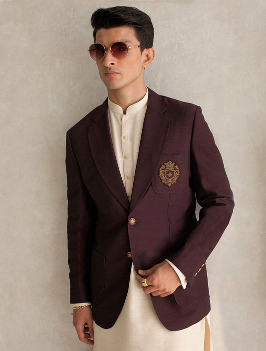 BURGUNDY TWO BUTTONS FRONT MONOGRAM BLAZER