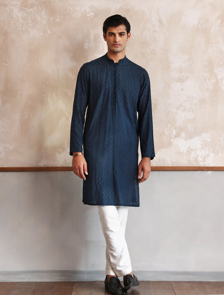 BLUE EMBROIDERED KURTA WITH LOOPS BUTTONS – Ismail Farid Pakistan