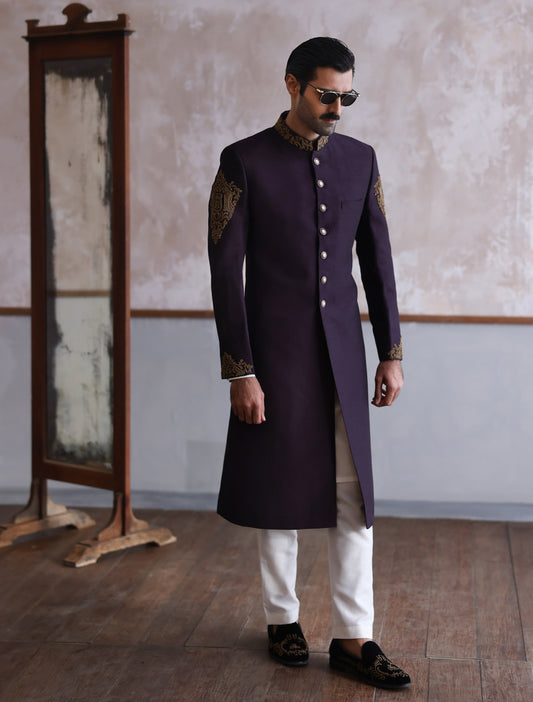 PURPLE RAWSILK HAND EMBROIDERED SHERWANI