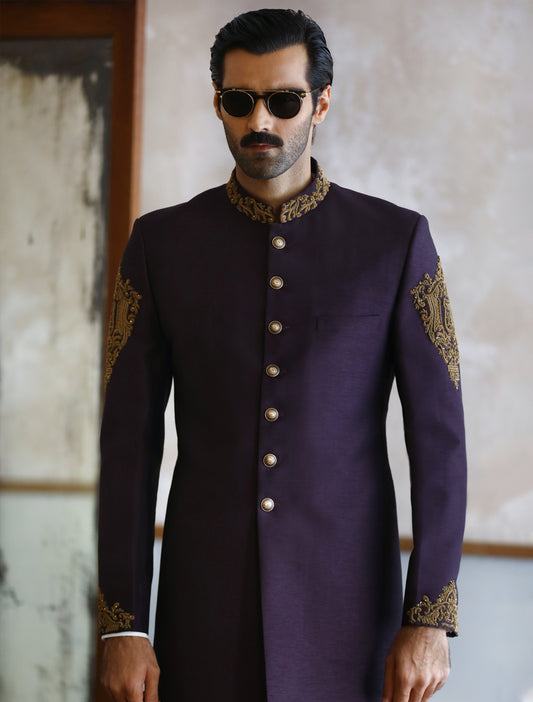 PURPLE RAWSILK HAND EMBROIDERED SHERWANI