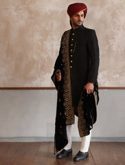 BLACK RAW SILK SHORT LENGTH SHERWANI