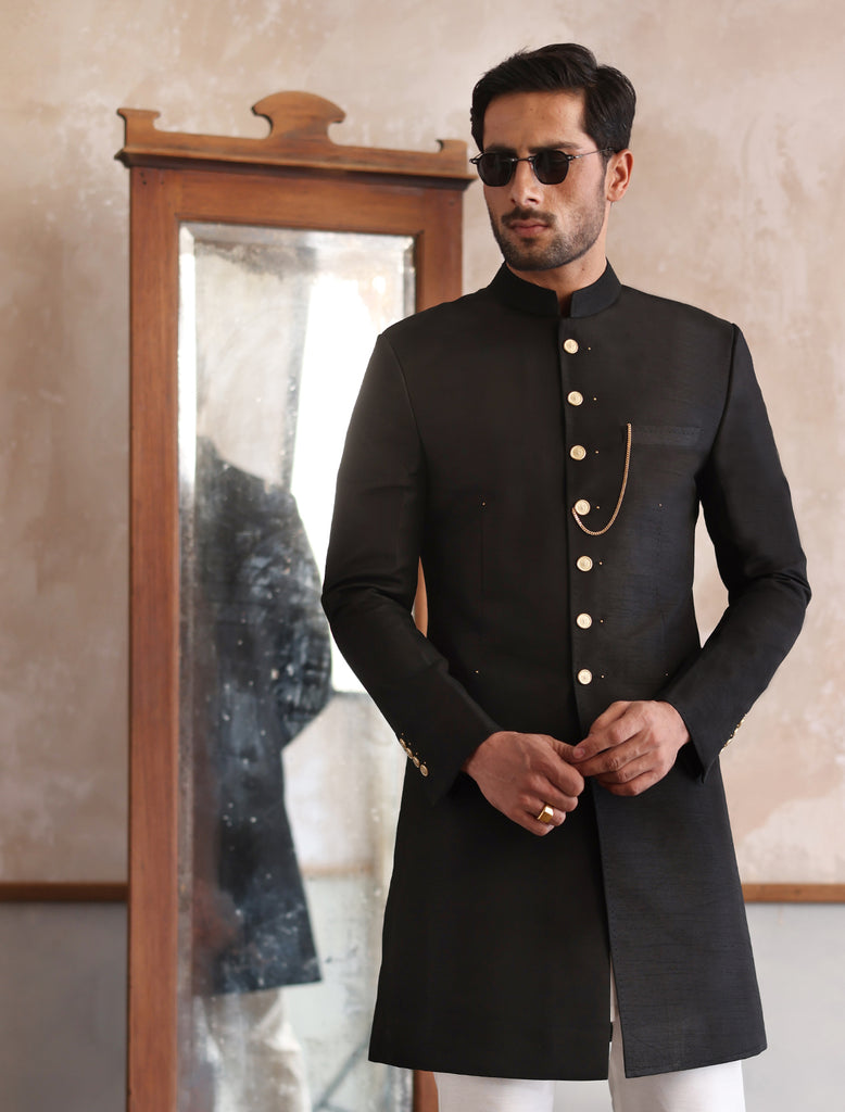 BLACK RAW SILK SHORT LENGTH SHERWANI – Ismail Farid Pakistan