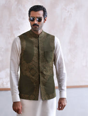 GREEN RAWSILK EMBROIDERED WAISTCOAT-S