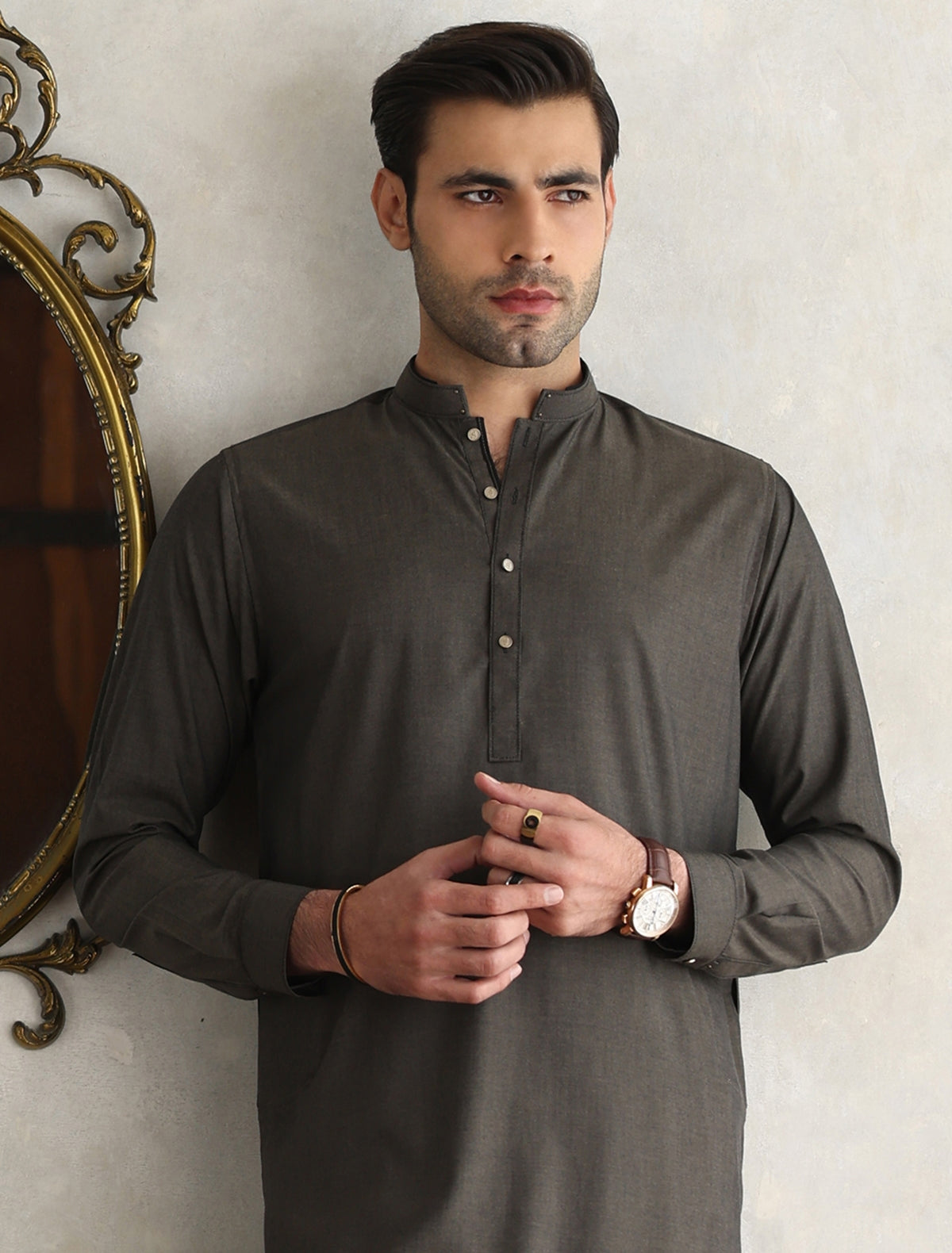 BROWN MANDARIN COLLAR KAMEEZ SHALWAR – Ismail Farid Pakistan