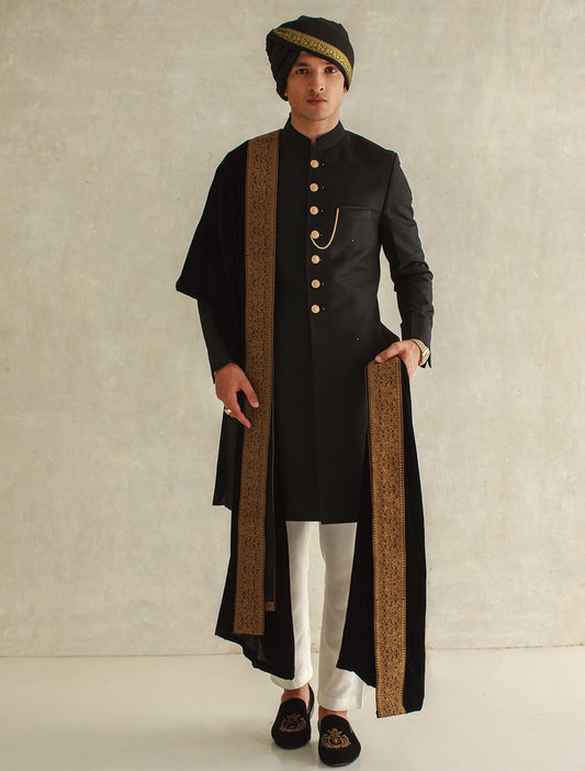 BLACK RAW SILK SHORT LENGTH SHERWANI