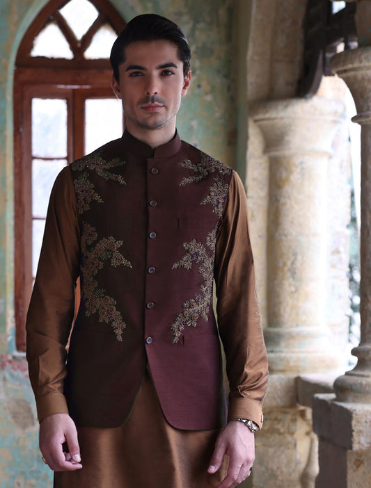 MAROON HEAVY EMBROIDERY WAISTCOAT