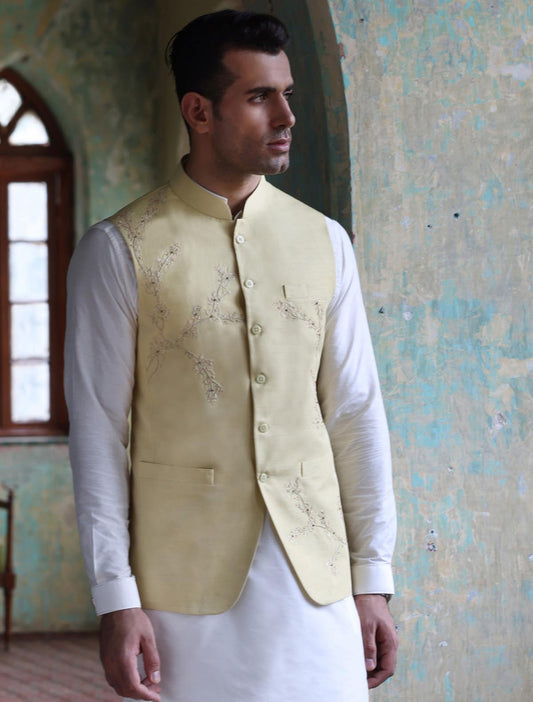 CREAM YELLOW EMBROIDERED WAISTCOAT