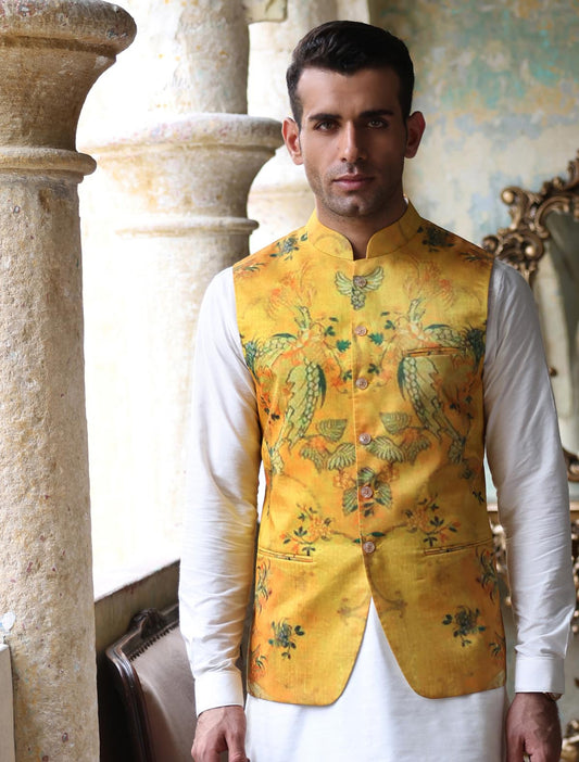 DARK YELLOW PRINTED WAISTCOAT